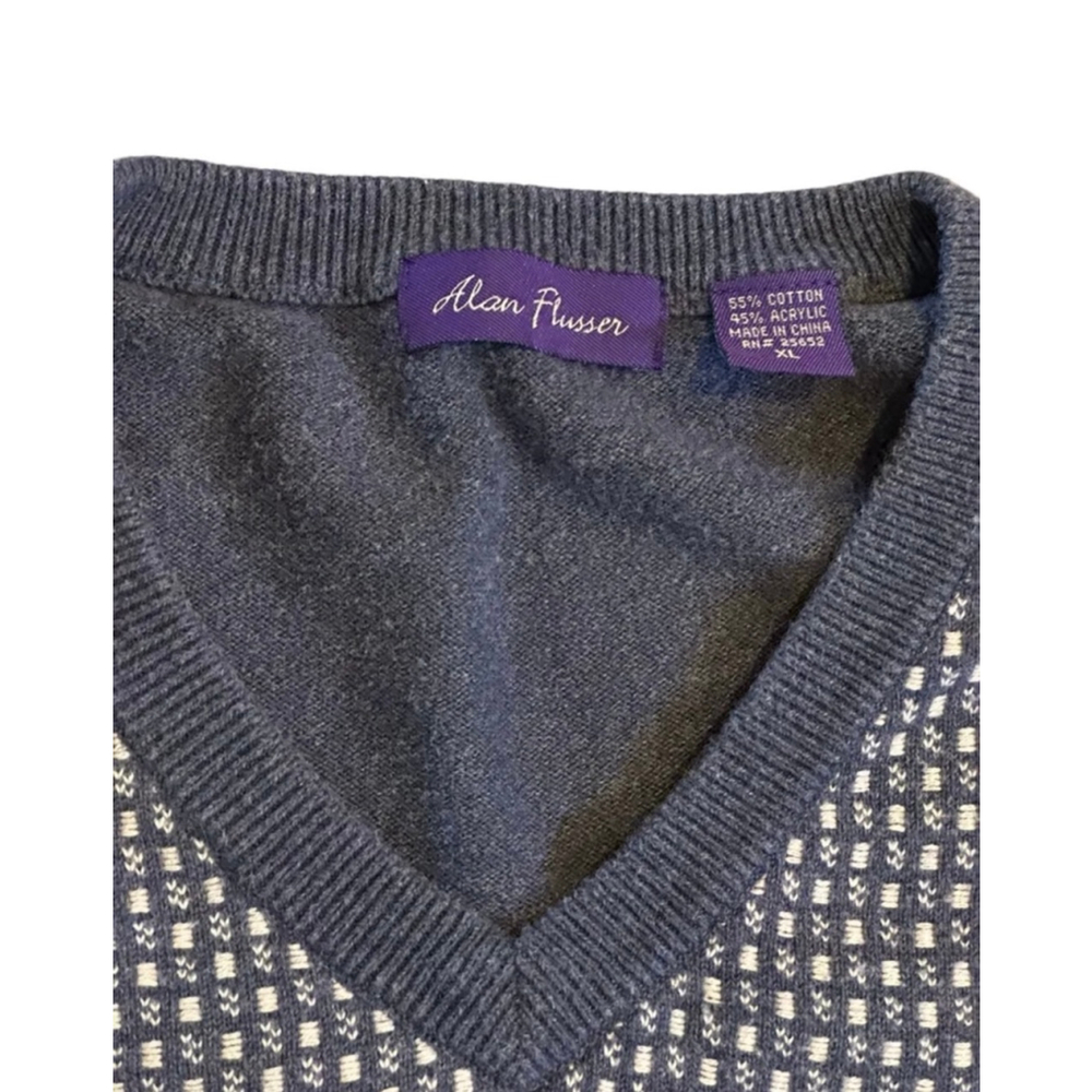 Alan Flusser Men’s Heather Navy and White Design V Neck Sweater Size X-Large - Picture 2 of 5